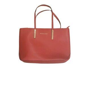 Michael Kor Medium Red Saffiano Leather Top-Zip Tote Bag.